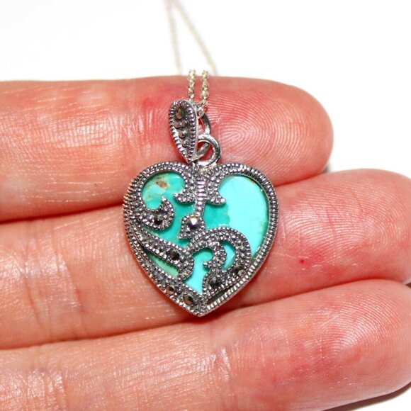 Sterling Silver Faux Turquoise & Marcasite Heart Necklace - Picture 7 of 7
